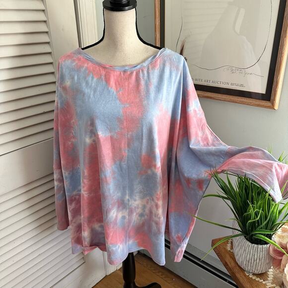 EASEL Womens Tunic Large Blue Pink Tie Die Dolman Sleeve Oversized Boho Chic - Picture 1 of 13